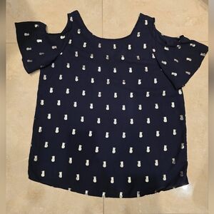 Women's pineapple blouse with cold shoulder, Navy/Silver, Size Medium